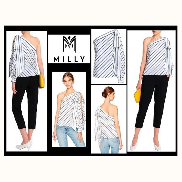MILLY NEW NINA Stripe One-Shoulder Cotton Poplin Top 8 - Picture 3 of 12